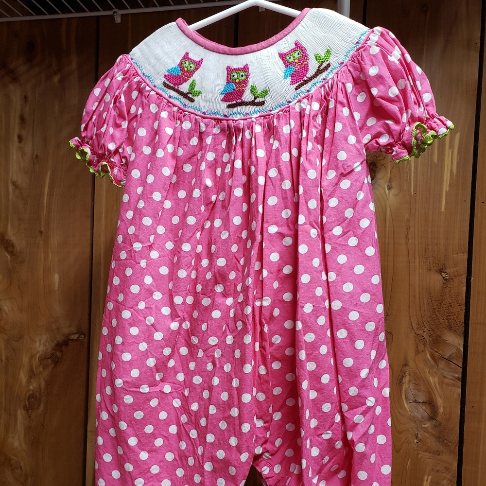 Smocked pink owl one piece
